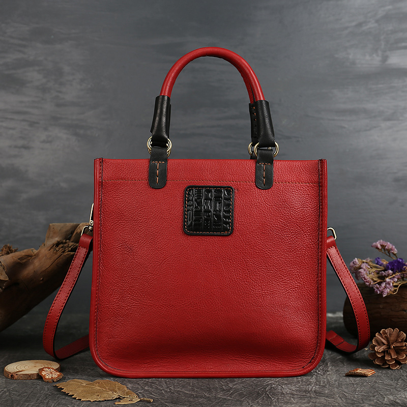 Women's Minimalist Top-Grain Leather Crossbody Shoulder Tote Bag