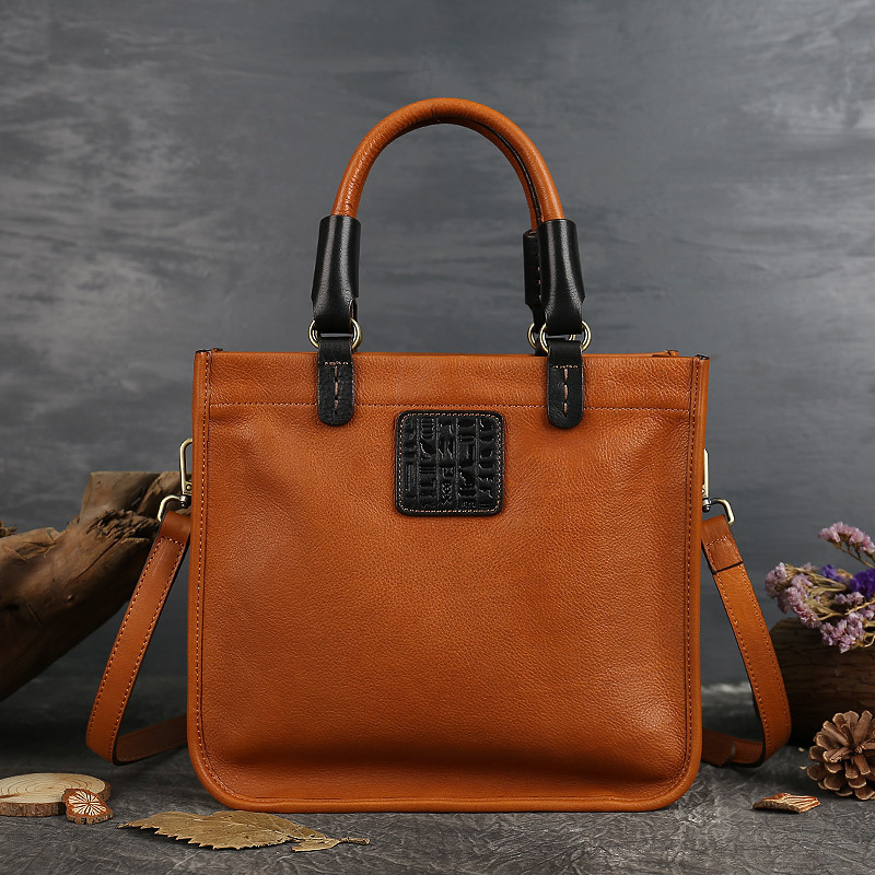 Women's Minimalist Top-Grain Leather Crossbody Shoulder Tote Bag