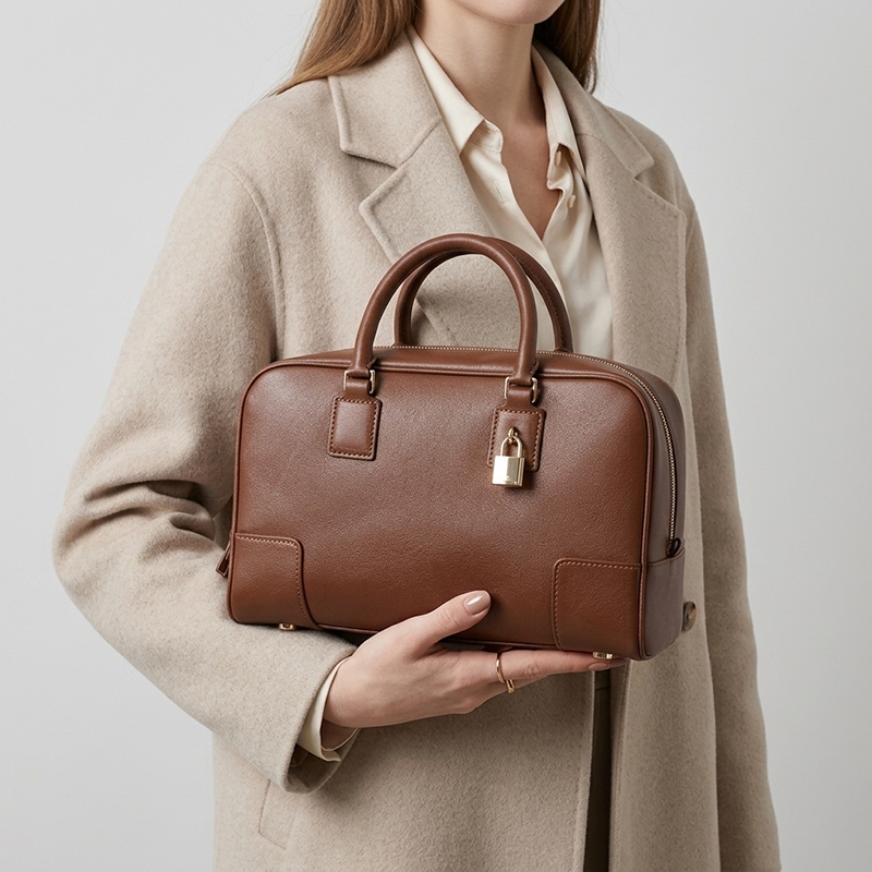 Women's Vintage Full-Grain Leather Bowling Crossbody Shoulder Handbag with Gold-Lock