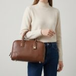Women's Vintage Full-Grain Leather Bowling Crossbody Shoulder Handbag with Gold-Lock
