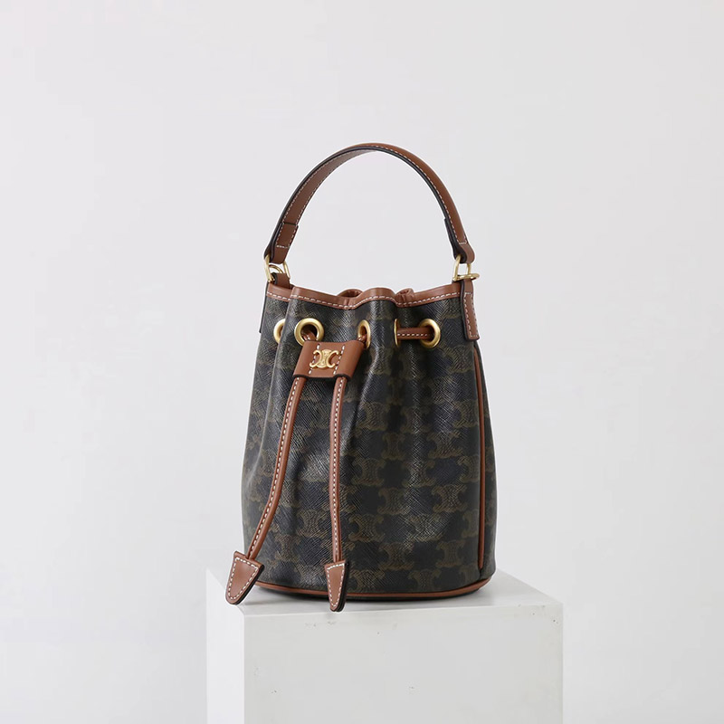 Women's Vintage Split Leather Printed Drawstring Bucket Bag In Gold Hardware