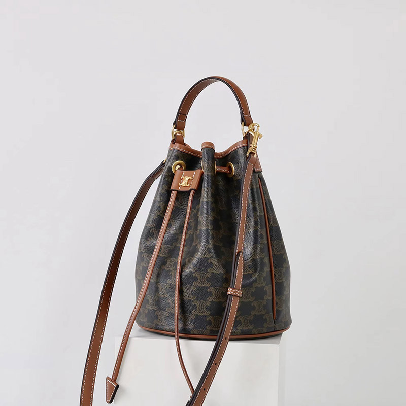 Women's Vintage Split Leather Printed Drawstring Bucket Bag In Gold Hardware