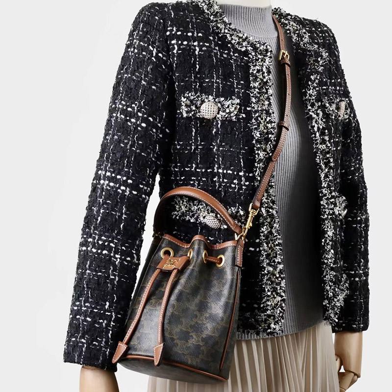Women's Vintage Split Leather Printed Drawstring Bucket Bag In Gold Hardware