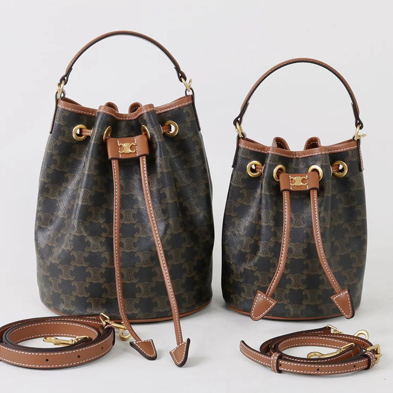 Women's Vintage Split Leather Printed Drawstring Bucket Bag In Gold Hardware