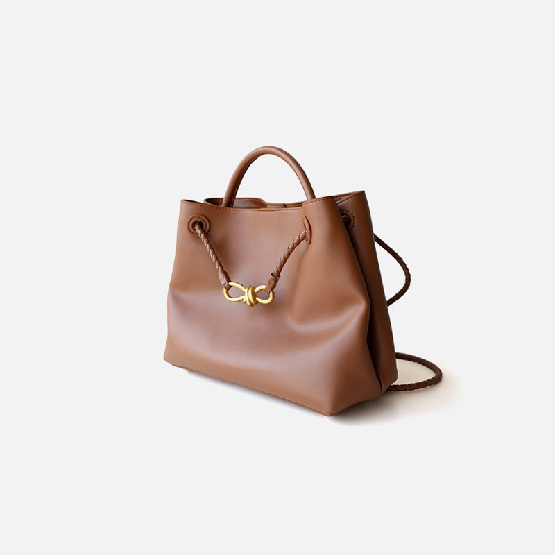 Sac fourre-tout en cuir fendu vintage pour femmes avec nœud en or