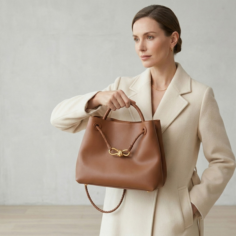 Sac fourre-tout en cuir fendu vintage pour femmes avec nœud en or