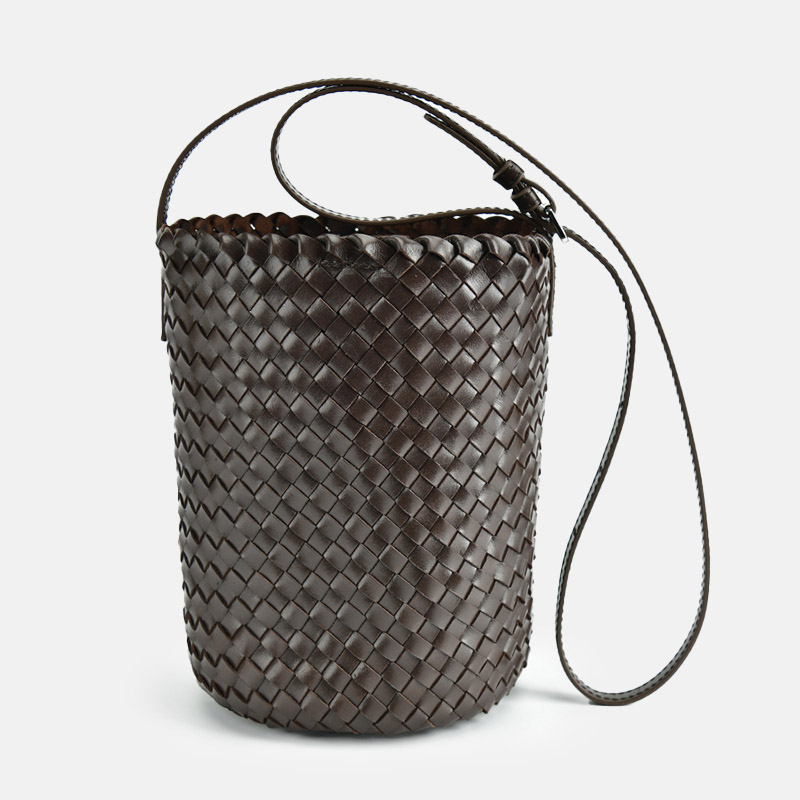 Women's Vintage Woven Top-Grain Leather Crossbody Bucket Bag