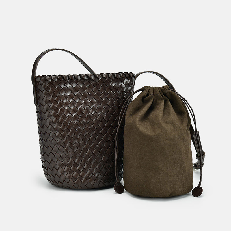 Women's Vintage Woven Top-Grain Leather Crossbody Bucket Bag