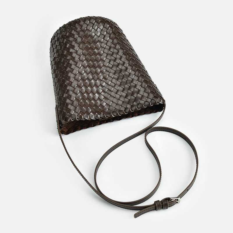 Women's Vintage Woven Top-Grain Leather Crossbody Bucket Bag