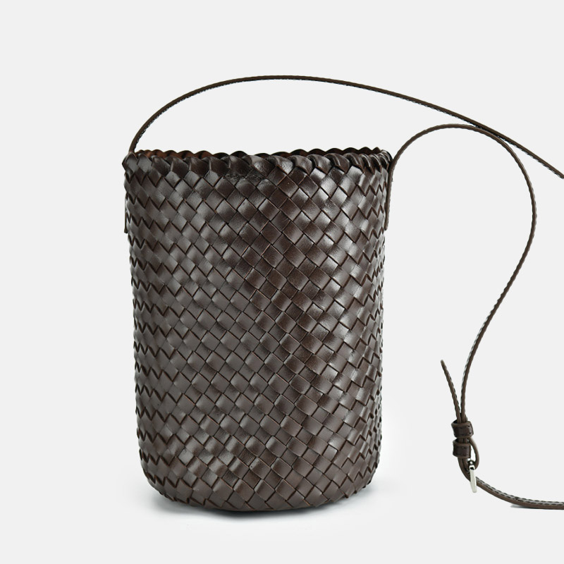 Women's Vintage Woven Top-Grain Leather Crossbody Bucket Bag