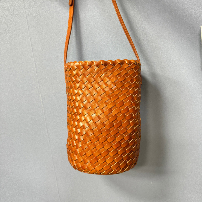 Women's Vintage Woven Top-Grain Leather Crossbody Bucket Bag