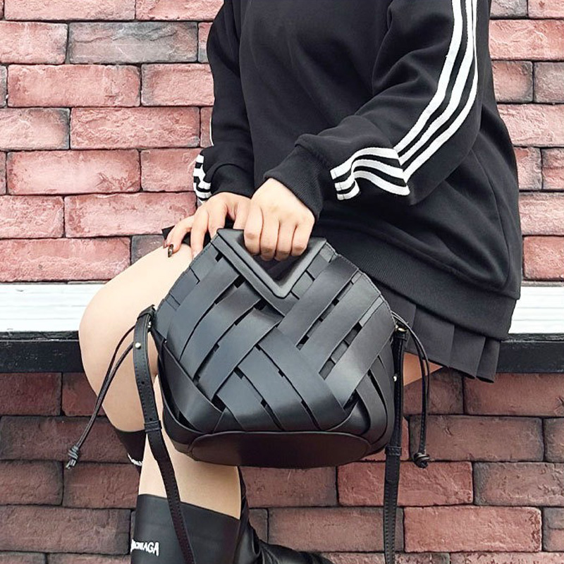 Women's Woven Split Leather Bucket Triangle Handle Shoulder Crossbody Bag