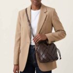 Women's Woven Split Leather Bucket Triangle Handle Shoulder Crossbody Bag