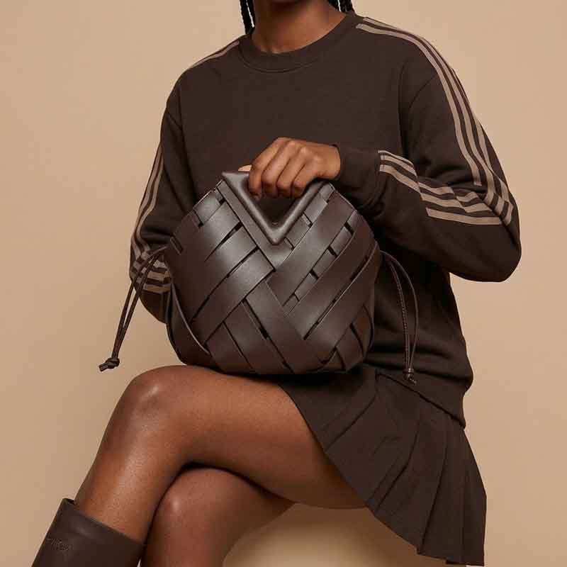 Women's Woven Split Leather Bucket Triangle Handle Shoulder Crossbody Bag