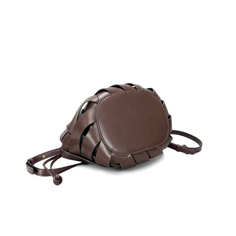 Women's Woven Split Leather Bucket Triangle Handle Shoulder Crossbody Bag
