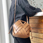 Women's Woven Split Leather Bucket Triangle Handle Shoulder Crossbody Bag