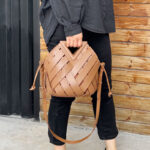 Women's Woven Split Leather Bucket Triangle Handle Shoulder Crossbody Bag