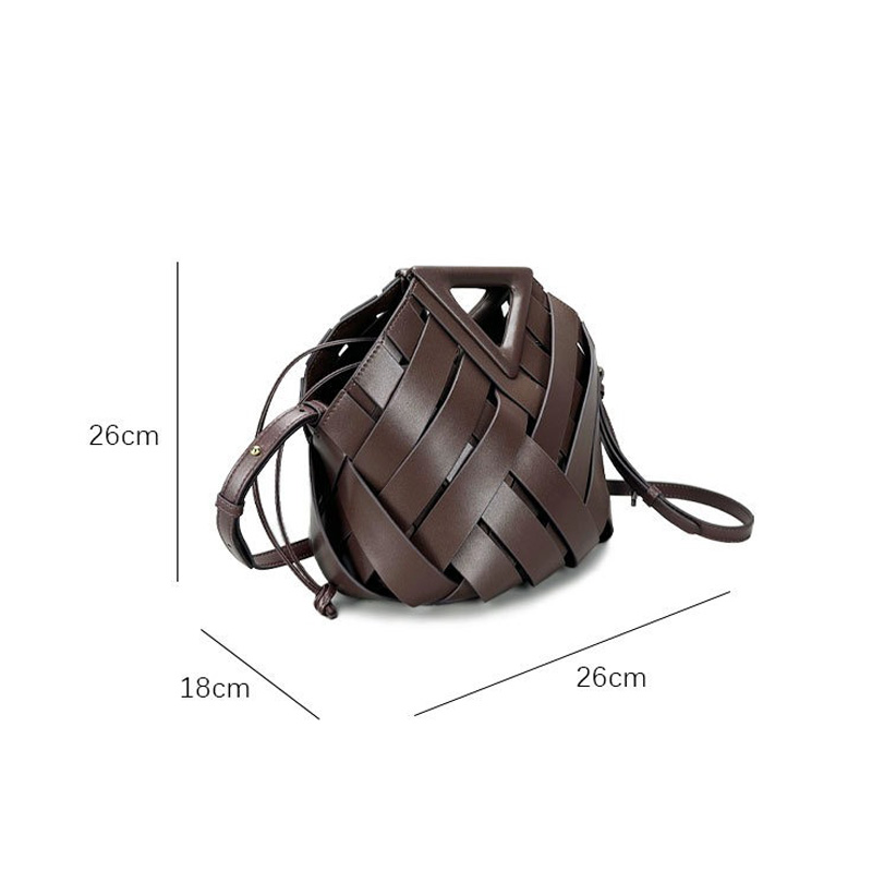 Women's Woven Split Leather Bucket Triangle Handle Shoulder Crossbody Bag