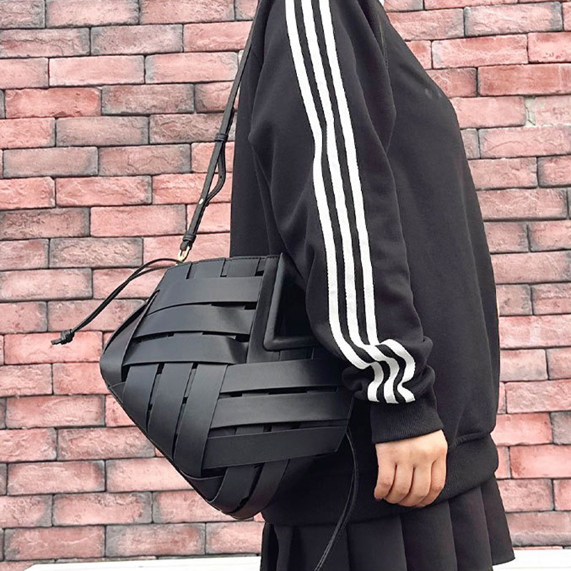 Women's Woven Split Leather Bucket Triangle Handle Shoulder Crossbody Bag