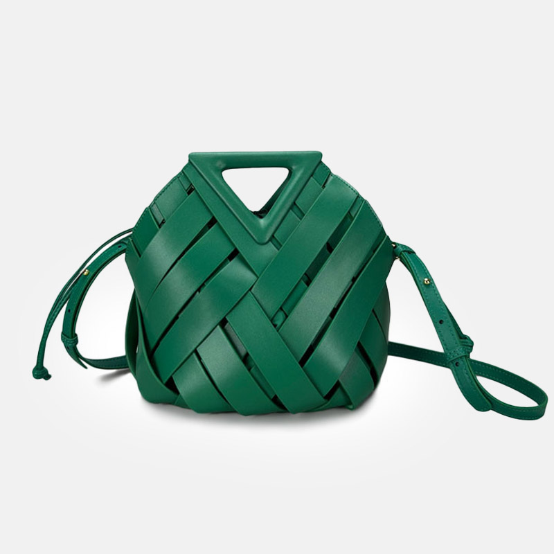 Women's Woven Split Leather Bucket Triangle Handle Shoulder Crossbody Bag