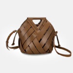 Women's Woven Split Leather Bucket Triangle Handle Shoulder Crossbody Bag