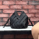 Women's Woven Split Leather Bucket Triangle Handle Shoulder Crossbody Bag
