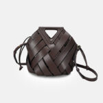 Women's Woven Split Leather Bucket Triangle Handle Shoulder Crossbody Bag