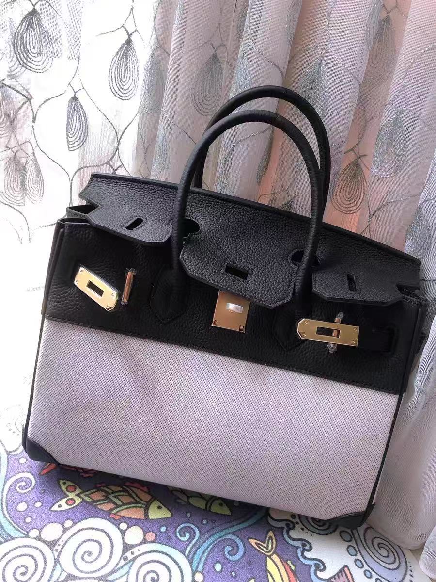 Zweifarbige Handtaschen aus Leder und Canvas für Damen photo review