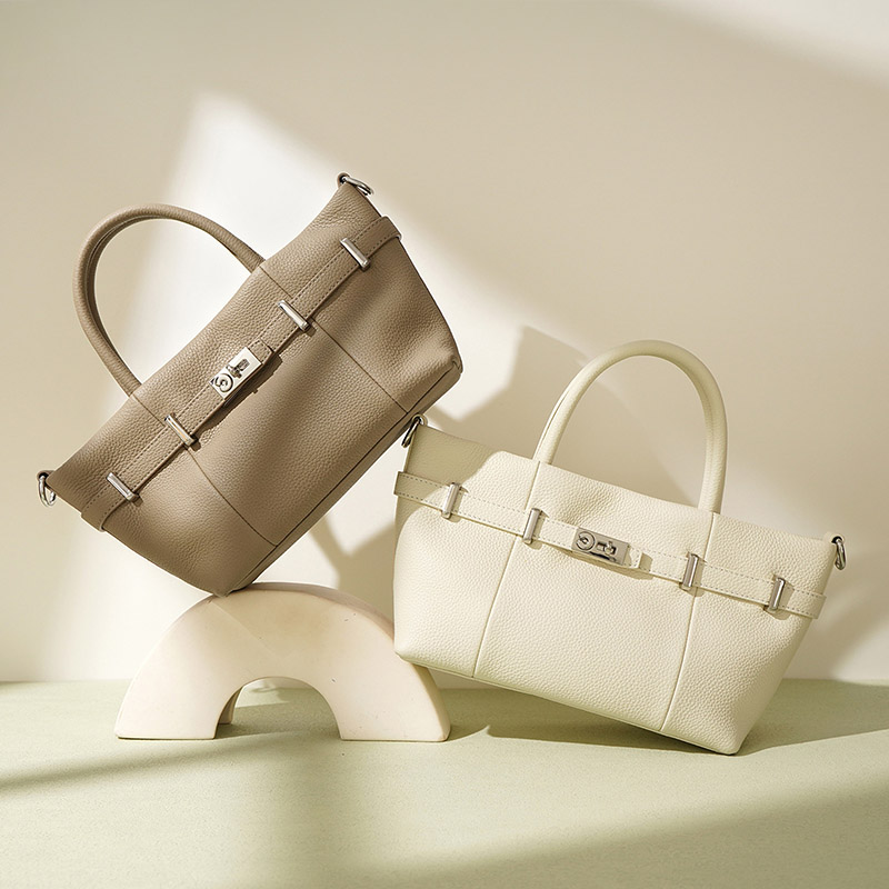 Women's Minimalist Lychee Top-Grain Leather Tote Crossbody Handbag In Silver Hardware