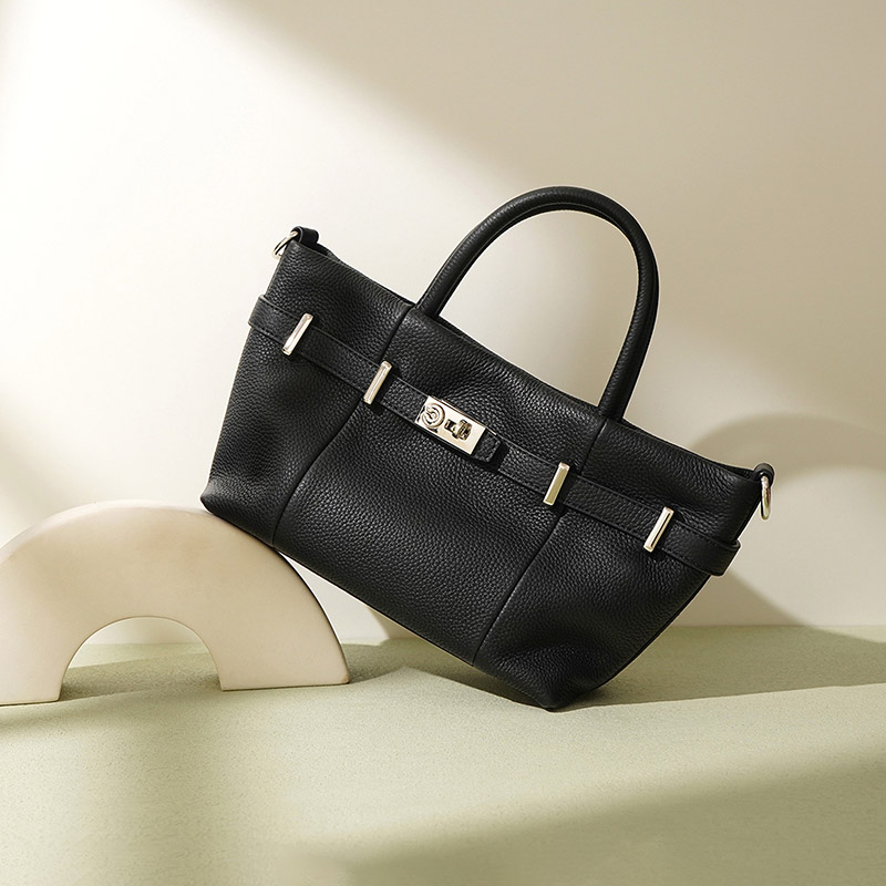 Women's Minimalist Lychee Top-Grain Leather Tote Crossbody Handbag In Silver Hardware