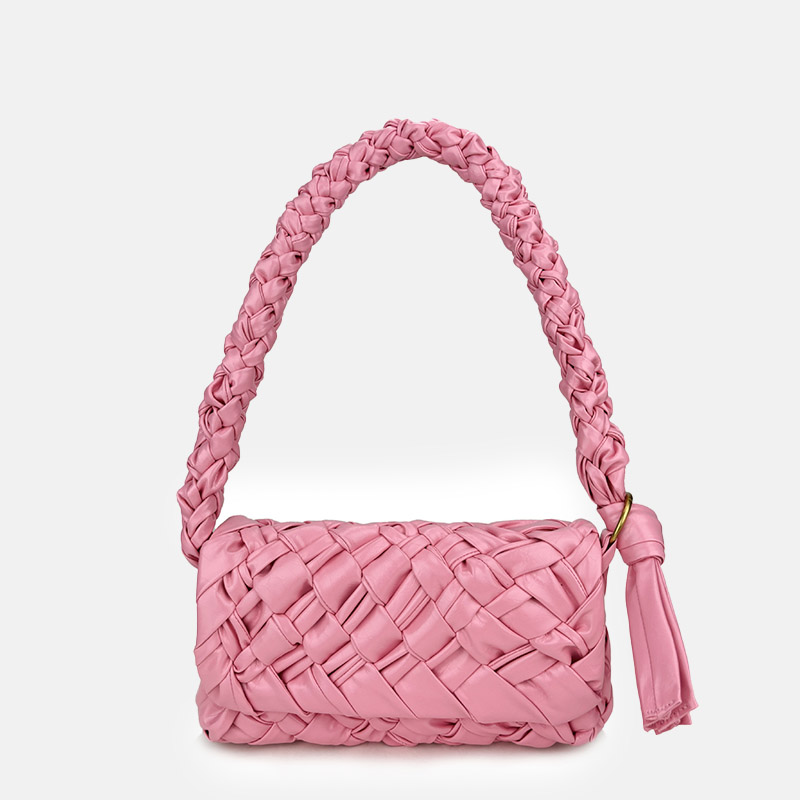 Sac à bandoulière en cuir véritable Baguette de femme rose plissée et tissée
