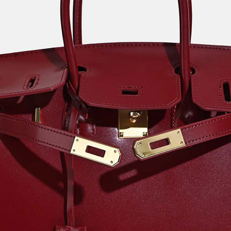 Women's Stiff Smooth Split Leather Top Handle Bags Gold & Silver Hardware 30cm