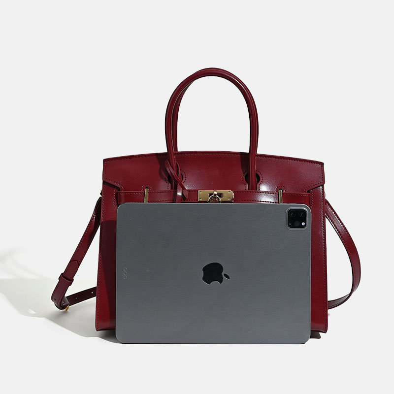 Women's Stiff Smooth Split Leather Top Handle Bags Gold & Silver Hardware 30cm
