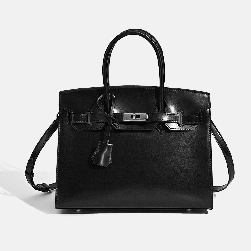 Women's Stiff Smooth Split Leather Top Handle Bags Gold & Silver Hardware 30cm