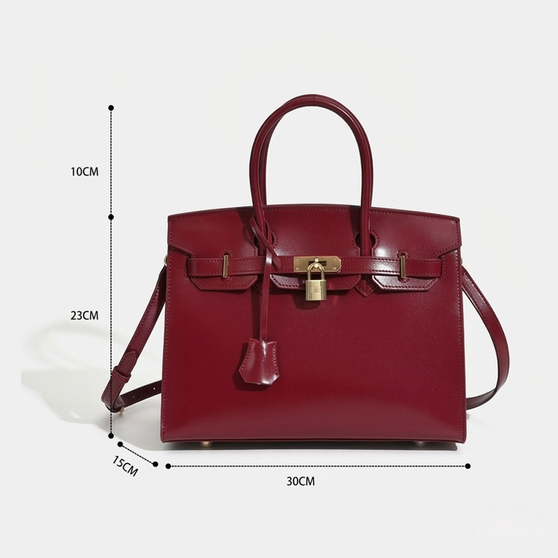 Women's Stiff Smooth Split Leather Top Handle Bags Gold & Silver Hardware 30cm