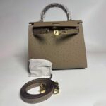 Women's Vintage Ostrich Embossed Full-Grain Leather Handbag In Gold Hardware