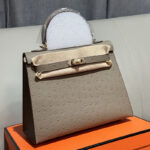 Women's Vintage Ostrich Embossed Full-Grain Leather Handbag In Gold Hardware