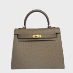 Women's Vintage Ostrich Embossed Full-Grain Leather Handbag In Gold Hardware