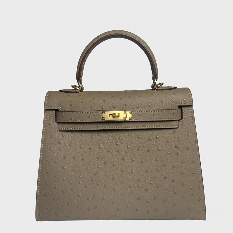 Women's Vintage Ostrich Embossed Full-Grain Leather Handbag In Gold Hardware