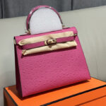 Women's Vintage Ostrich Embossed Full-Grain Leather Handbag In Gold Hardware