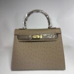 Women's Vintage Ostrich Embossed Full-Grain Leather Handbag In Gold Hardware
