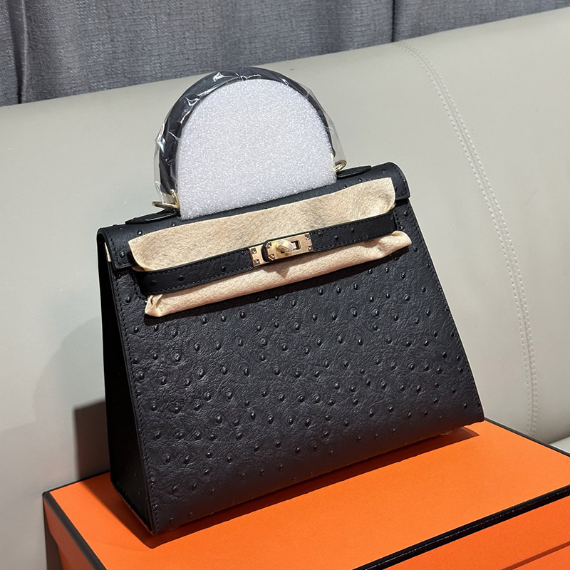 Women's Vintage Ostrich Embossed Full-Grain Leather Handbag In Gold Hardware