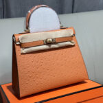 Women's Vintage Ostrich Embossed Full-Grain Leather Handbag In Gold Hardware