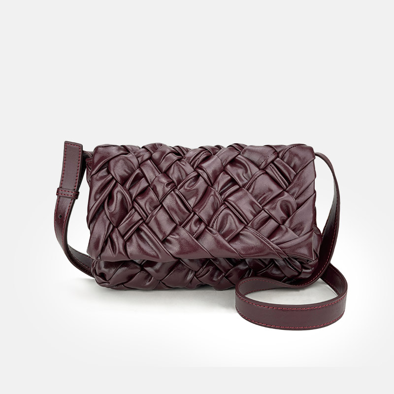 Women's Waxed Leather Pleated Woven Crossbody Shoulder Bag
