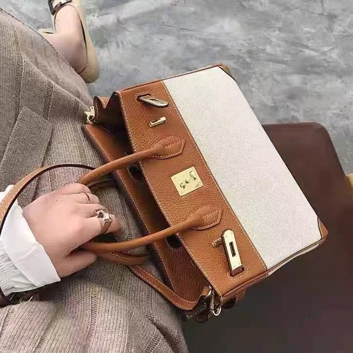 Zweifarbige Damen Leder & Segeltuch Top Handle Taschen photo review