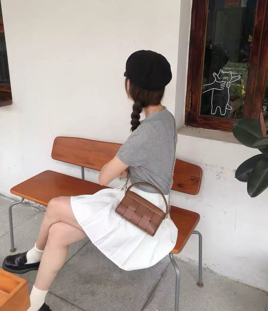 Women's Brown Woven Leather Chain Crossbody Handbag photo review