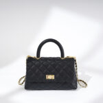Women's Black Caviar Textured Lambskin Quilted Crossbody Chain Top Handle Bag
