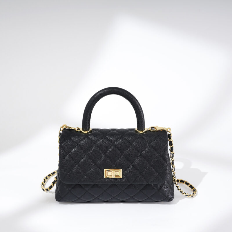 Women's Black Caviar Textured Lambskin Quilted Crossbody Chain Top Handle Bag