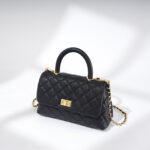 Women's Black Caviar Textured Lambskin Quilted Crossbody Chain Top Handle Bag