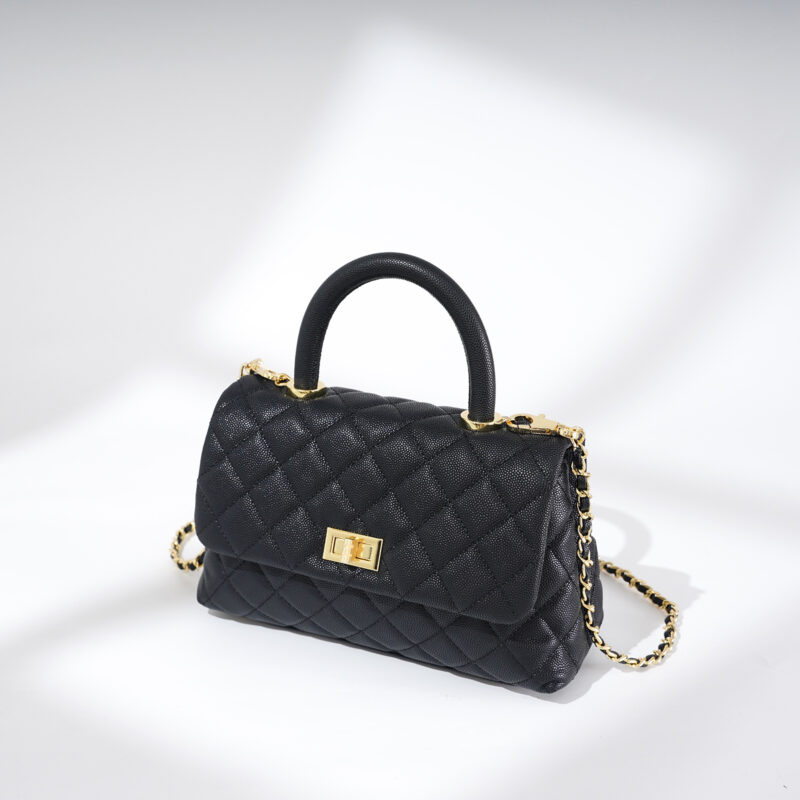 Women's Black Caviar Textured Lambskin Quilted Crossbody Chain Top Handle Bag